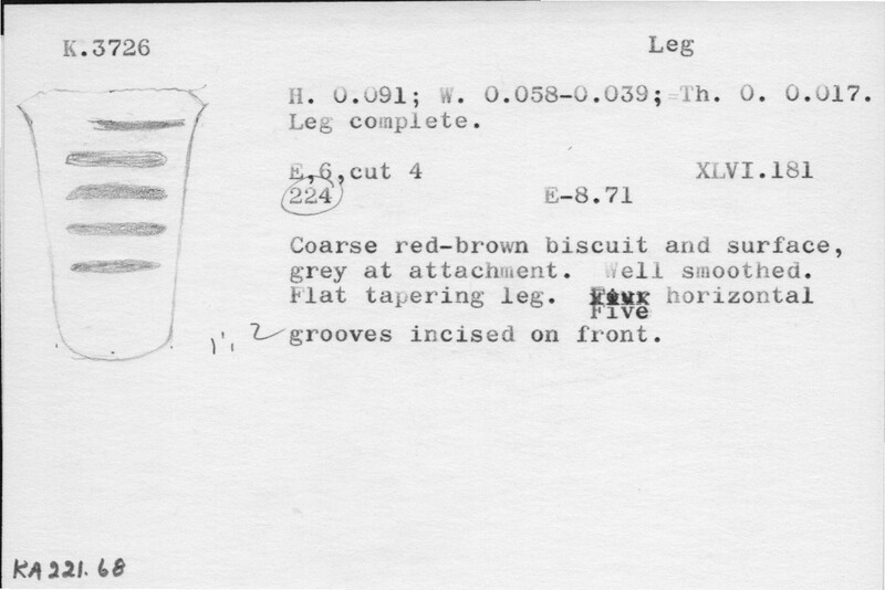 Index card with typed and handwritten information, sometimes including a sketch, of pottery from an excavation.