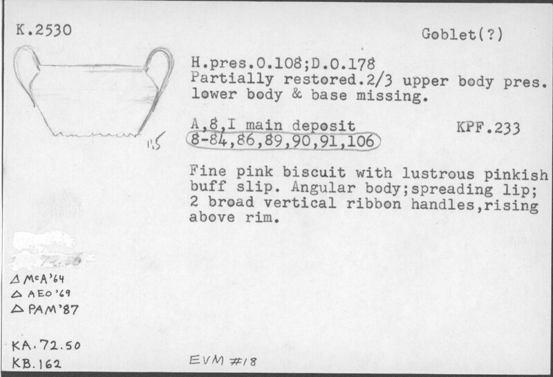 Index card with typed and handwritten information, sometimes including a sketch, of pottery from an excavation.