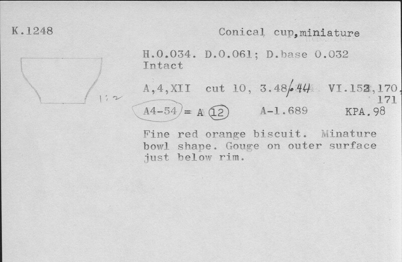Index card with typed and handwritten information, sometimes including a sketch, of pottery from an excavation.
