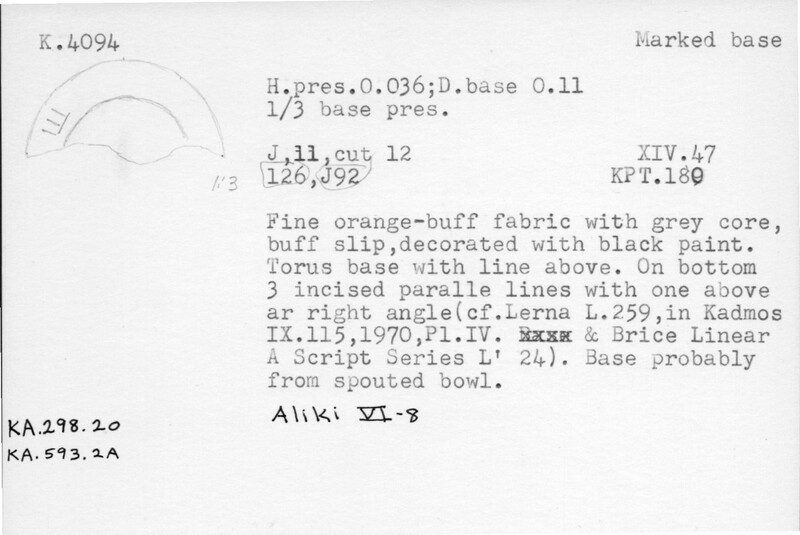 Index card with typed and handwritten information, sometimes including a sketch, of pottery from an excavation.
