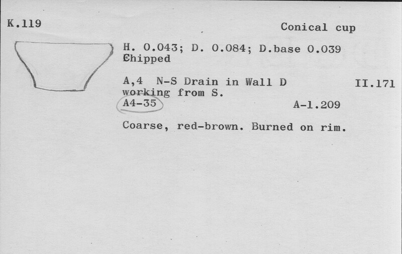 Index card with typed and handwritten information, sometimes including a sketch, of pottery from an excavation.