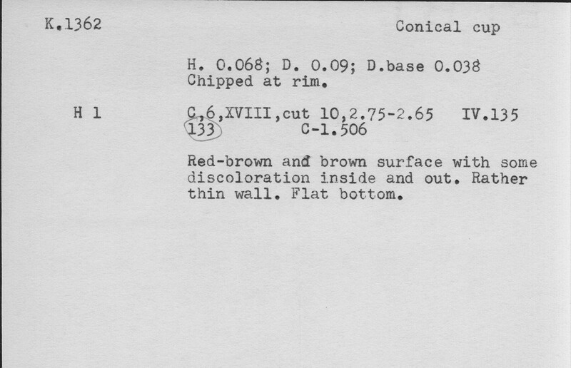 Index card with typed and handwritten information, sometimes including a sketch, of pottery from an excavation.