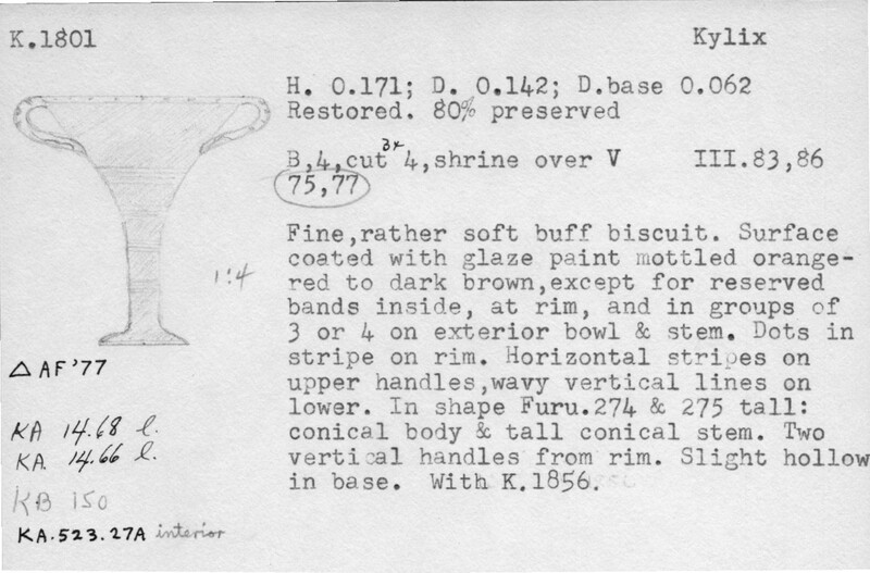 Index card with typed and handwritten information, sometimes including a sketch, of pottery from an excavation.