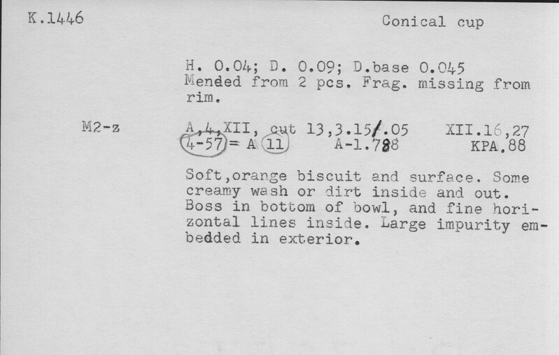 Index card with typed and handwritten information, sometimes including a sketch, of pottery from an excavation.