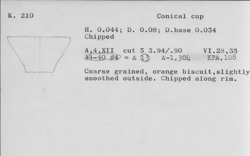 Index card with typed and handwritten information, sometimes including a sketch, of pottery from an excavation.