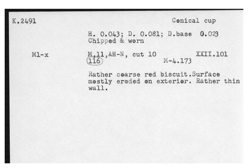 Index card with typed and handwritten information, sometimes including a sketch, of pottery from an excavation.