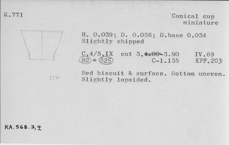 Index card with typed and handwritten information, sometimes including a sketch, of pottery from an excavation.