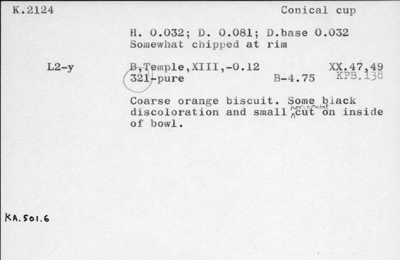 Index card with typed and handwritten information, sometimes including a sketch, of pottery from an excavation.