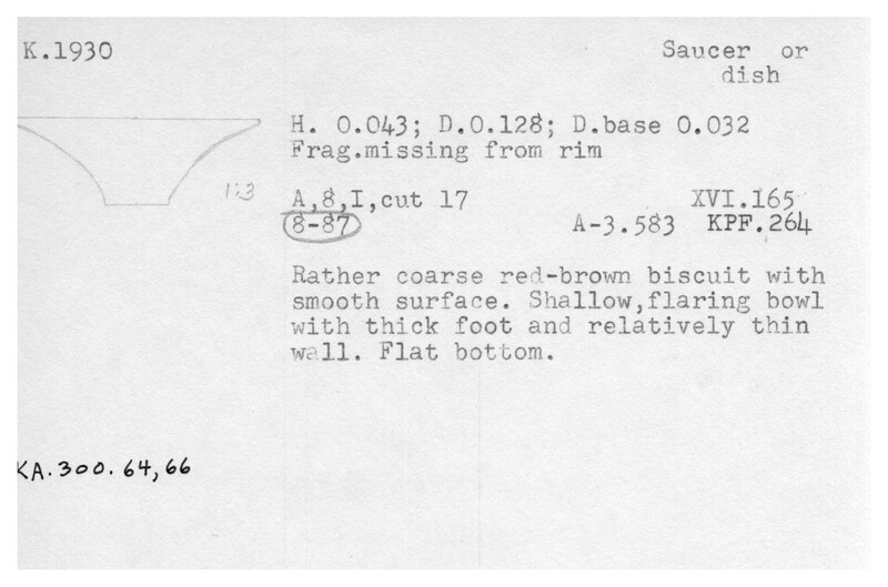 Index card with typed and handwritten information, sometimes including a sketch, of pottery from an excavation.