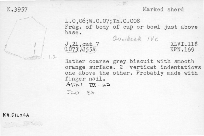 Index card with typed and handwritten information, sometimes including a sketch, of pottery from an excavation.