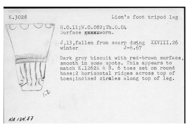 Index card with typed and handwritten information, sometimes including a sketch, of pottery from an excavation.