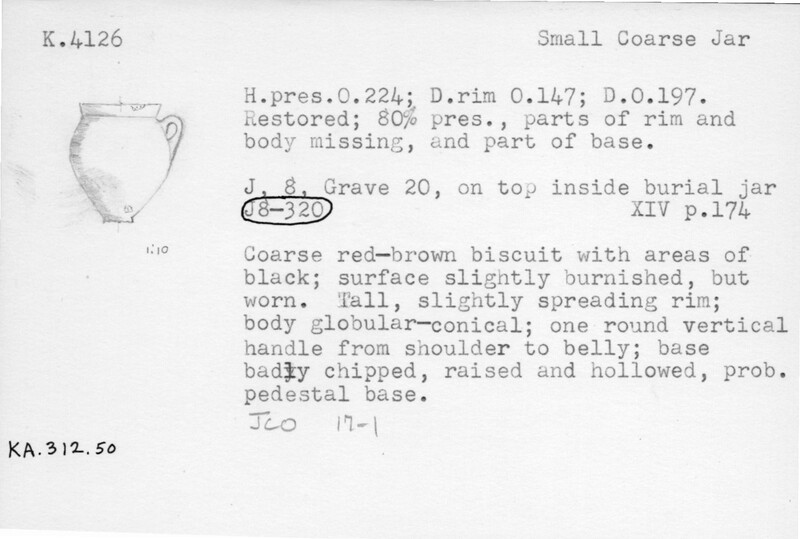 Index card with typed and handwritten information, sometimes including a sketch, of pottery from an excavation.