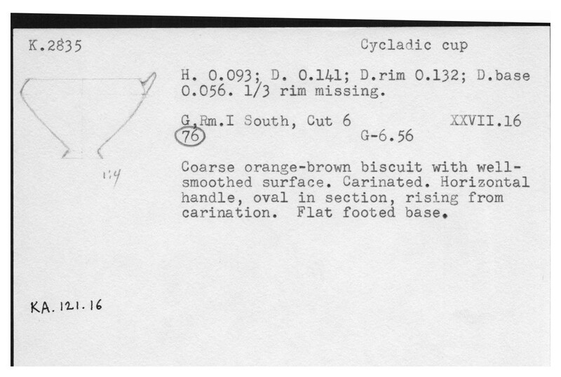 Index card with typed and handwritten information, sometimes including a sketch, of pottery from an excavation.