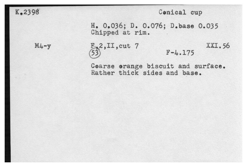 Index card with typed and handwritten information, sometimes including a sketch, of pottery from an excavation.