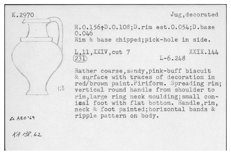 Index card with typed and handwritten information, sometimes including a sketch, of pottery from an excavation.