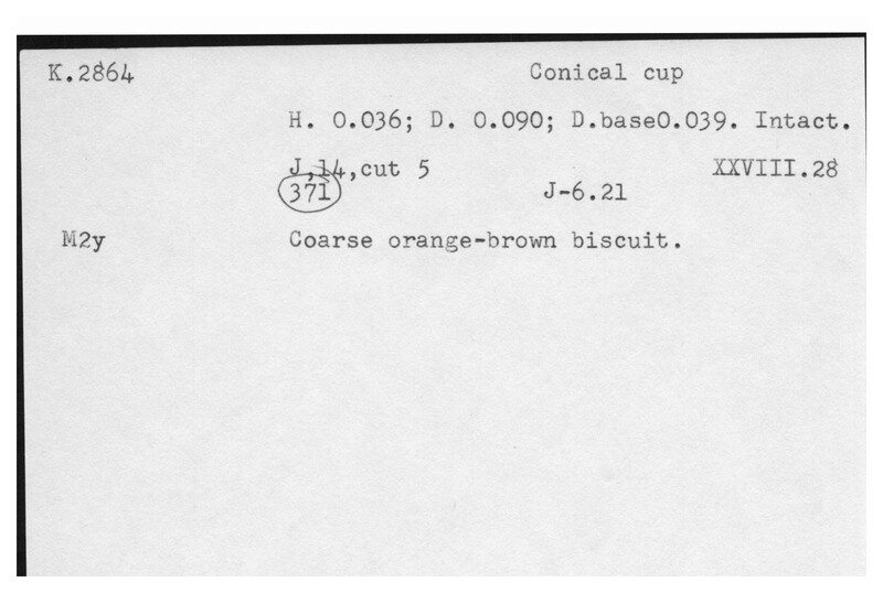 Index card with typed and handwritten information, sometimes including a sketch, of pottery from an excavation.