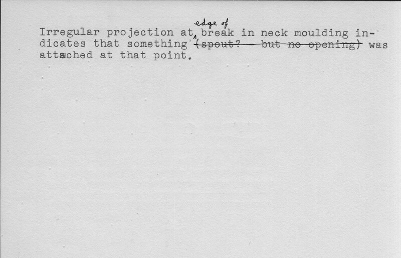 Index card with typed and handwritten information, sometimes including a sketch, of pottery from an excavation.