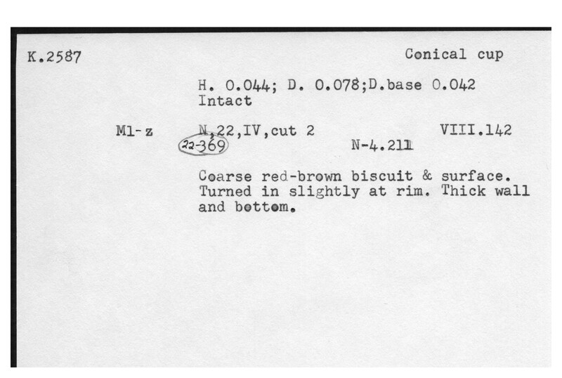 Index card with typed and handwritten information, sometimes including a sketch, of pottery from an excavation.