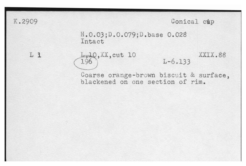 Index card with typed and handwritten information, sometimes including a sketch, of pottery from an excavation.