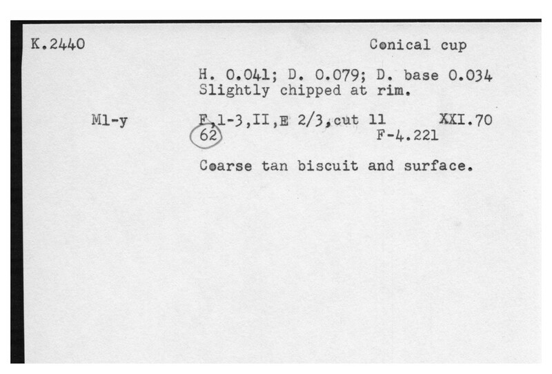 Index card with typed and handwritten information, sometimes including a sketch, of pottery from an excavation.
