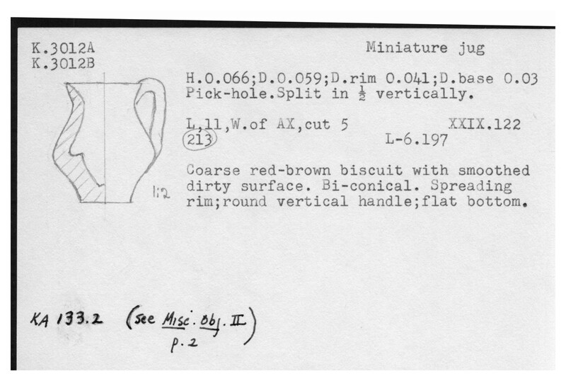 Index card with typed and handwritten information, sometimes including a sketch, of pottery from an excavation.