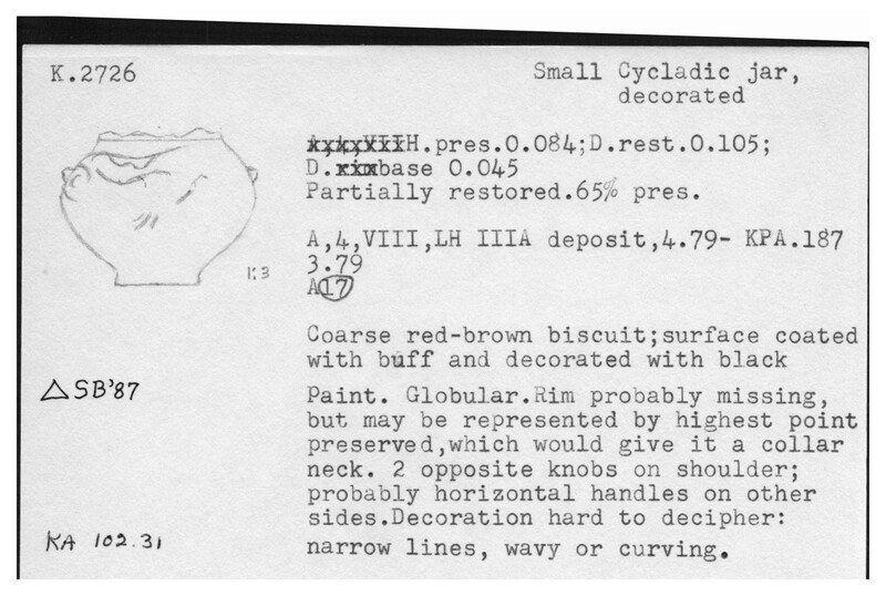 Index card with typed and handwritten information, sometimes including a sketch, of pottery from an excavation.
