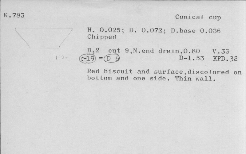 Index card with typed and handwritten information, sometimes including a sketch, of pottery from an excavation.