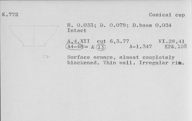 Index card with typed and handwritten information, sometimes including a sketch, of pottery from an excavation.