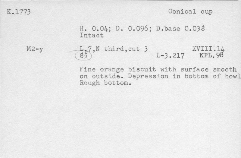 Index card with typed and handwritten information, sometimes including a sketch, of pottery from an excavation.