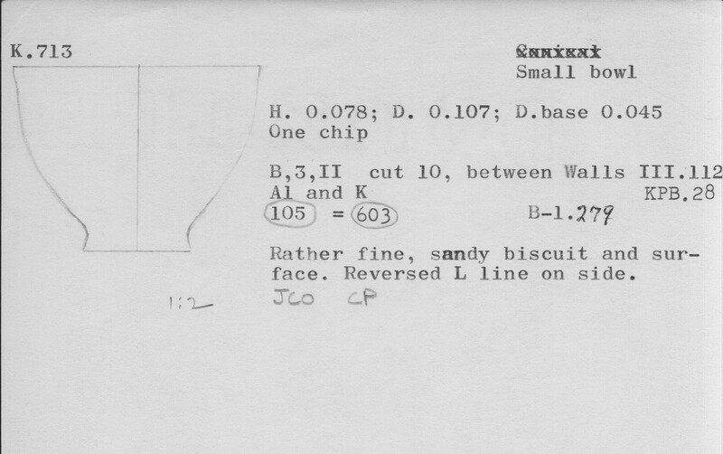 Index card with typed and handwritten information, sometimes including a sketch, of pottery from an excavation.