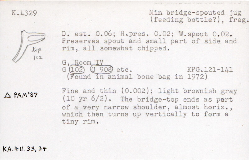 Index card with typed and handwritten information, sometimes including a sketch, of pottery from an excavation.