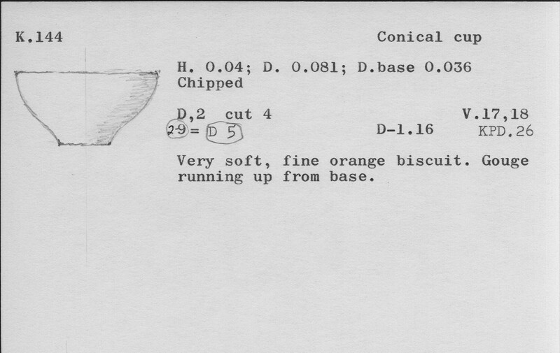 Index card with typed and handwritten information, sometimes including a sketch, of pottery from an excavation.