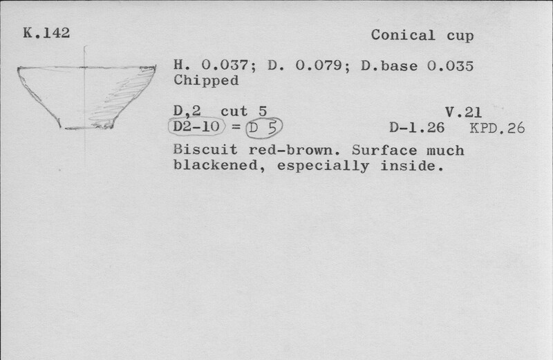 Index card with typed and handwritten information, sometimes including a sketch, of pottery from an excavation.