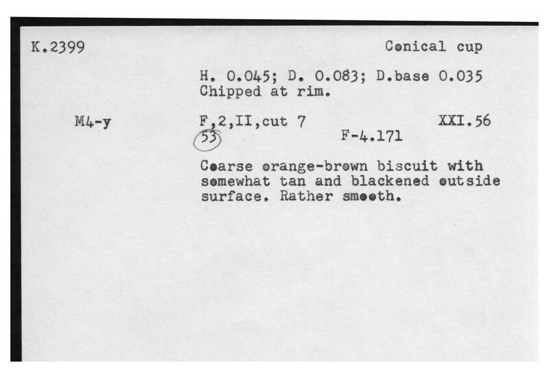 Index card with typed and handwritten information, sometimes including a sketch, of pottery from an excavation.