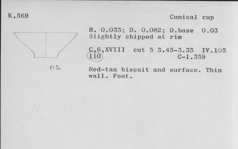 Index card with typed and handwritten information, sometimes including a sketch, of pottery from an excavation.