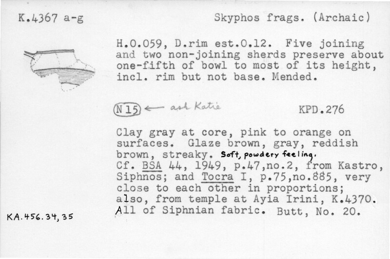 Index card with typed and handwritten information, sometimes including a sketch, of pottery from an excavation.