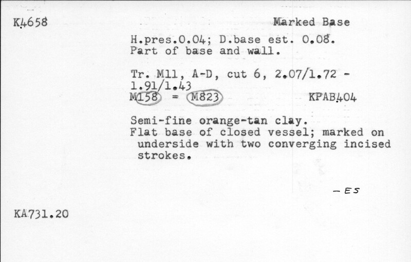 Index card with typed and handwritten information, sometimes including a sketch, of pottery from an excavation.
