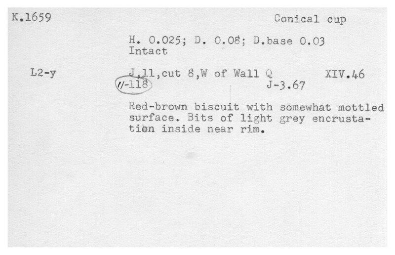 Index card with typed and handwritten information, sometimes including a sketch, of pottery from an excavation.