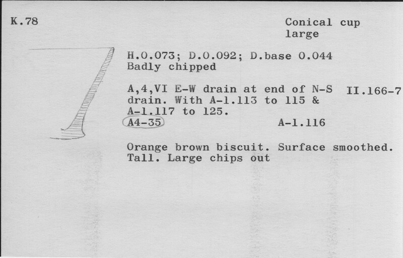 Index card with typed and handwritten information, sometimes including a sketch, of pottery from an excavation.