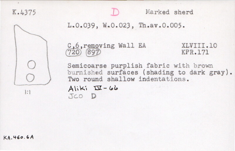 Index card with typed and handwritten information, sometimes including a sketch, of pottery from an excavation.