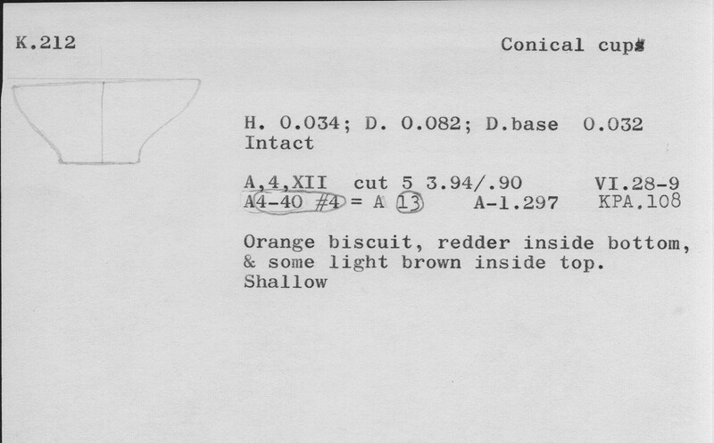 Index card with typed and handwritten information, sometimes including a sketch, of pottery from an excavation.