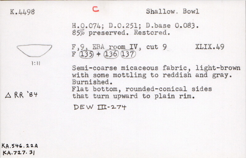 Index card with typed and handwritten information, sometimes including a sketch, of pottery from an excavation.