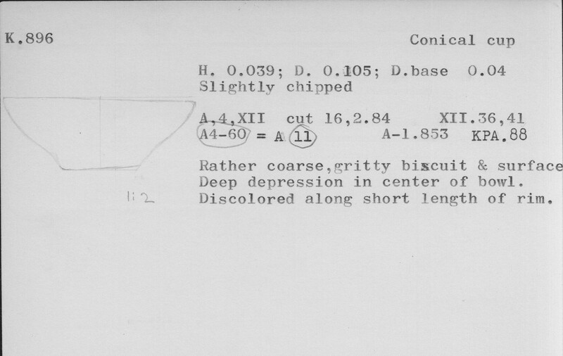 Index card with typed and handwritten information, sometimes including a sketch, of pottery from an excavation.