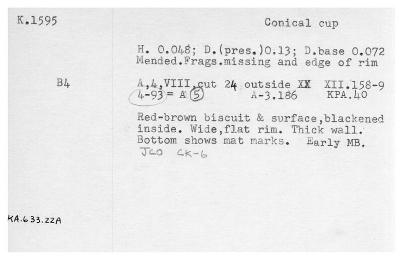 Index card with typed and handwritten information, sometimes including a sketch, of pottery from an excavation.