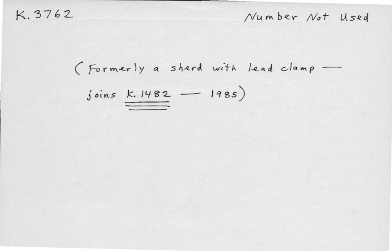 Index card with typed and handwritten information, sometimes including a sketch, of pottery from an excavation.