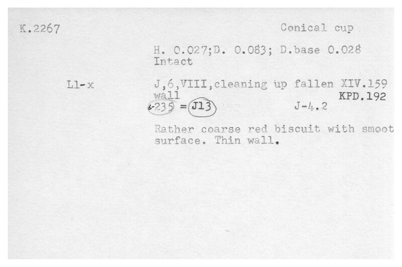 Index card with typed and handwritten information, sometimes including a sketch, of pottery from an excavation.