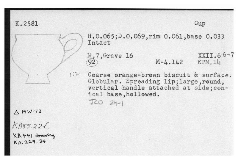 Index card with typed and handwritten information, sometimes including a sketch, of pottery from an excavation.