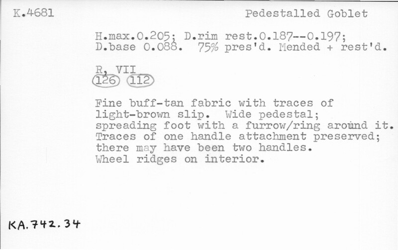 Index card with typed and handwritten information, sometimes including a sketch, of pottery from an excavation.