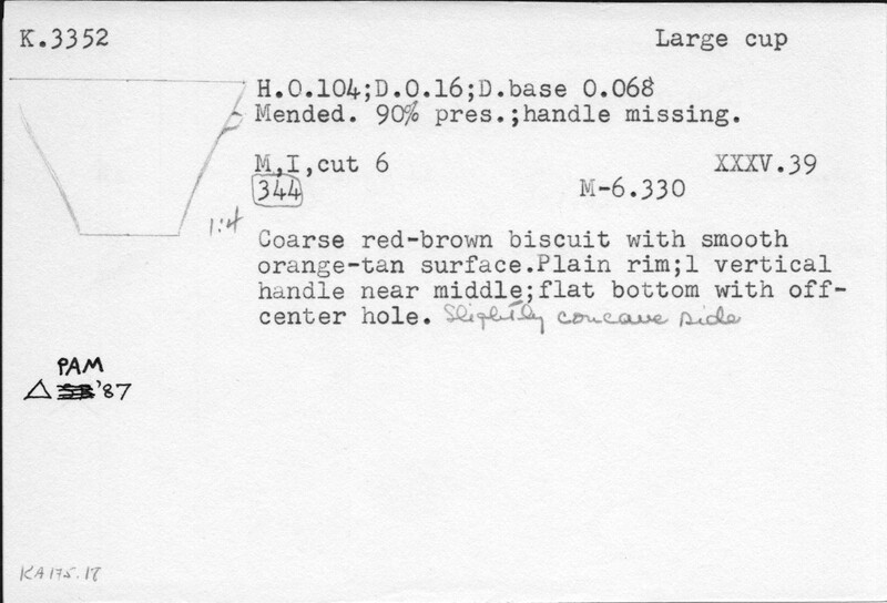 Index card with typed and handwritten information, sometimes including a sketch, of pottery from an excavation.