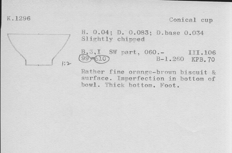 Index card with typed and handwritten information, sometimes including a sketch, of pottery from an excavation.